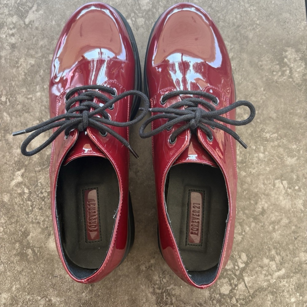 Forever 21 Patent Leather Chunky Oxford Glossy Platform Shoes Size 9 Red Wine - Picture 7 of 9